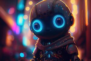 Big eyes little robot on neon background of city lights, cyber creature photo