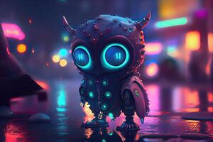Robotic cute creature owl look in neon city lights, full body photo