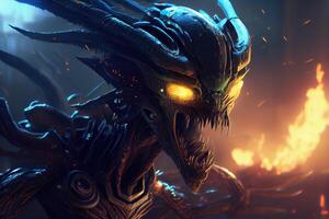 Scary dangerous alien portrait, dark background, glowing eyes. Alien battle photo