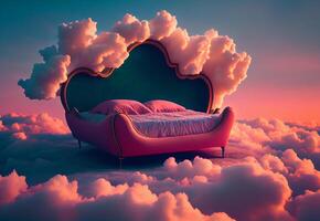 bed for sleep stands on pink clouds. good soft sleep. photo