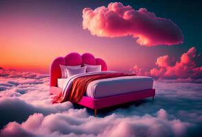 bed for sleep stands on pink clouds. good soft sleep. photo