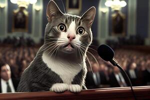 gracioso gato en Corte testificando, política concepto generativo ai foto