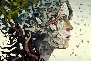 Woman face made from tree foliage and sky, mosaic portrait photo