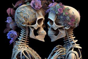 Two human skeleton in love. Flowers on skull, love after death concept, photo