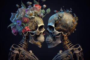 Two human skeleton in love. Flowers on skull, love after death concept, photo