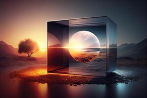 Immersive experience concept, metaverse illustration, nature landscape with abstract cube photo