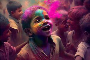 Holi Holiday Celebration Background with Person Portrait in Purple Pink Paint on Face, photo