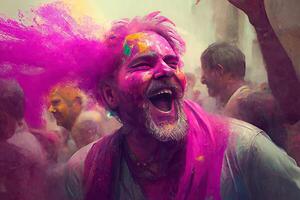 Holi Holiday Celebration Background with Person Portrait in Purple Pink Paint on Face, photo