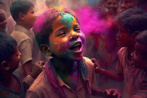 Holi Holiday Celebration Background with Person Portrait in Purple Pink Paint on Face, photo