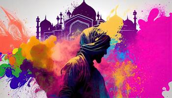 Holi celebration illustration, holiday festive. Colorful paint and powder photo