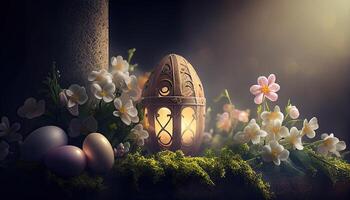 Easter holiday background. Easter eggs illustration backdrop with copy space. photo