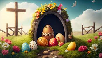 Easter holiday background. Easter eggs illustration backdrop with copy space. photo