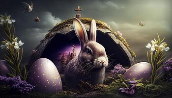 Easter holiday background. Easter eggs illustration backdrop with copy space. photo