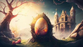 Easter holiday background. Easter eggs illustration backdrop with copy space. photo