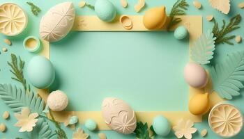 Easter holiday background. Easter eggs illustration backdrop with copy space. photo