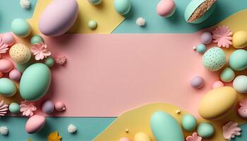 Easter holiday background. Easter eggs illustration backdrop with copy space. photo