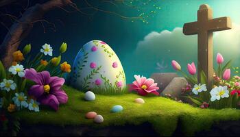 Easter holiday background. Easter eggs illustration backdrop with copy space. photo