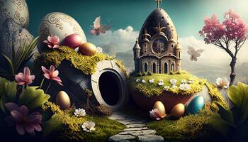 Easter holiday background. Easter eggs illustration backdrop with copy space. photo