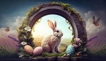 Easter holiday background. Easter eggs illustration backdrop with copy space. photo