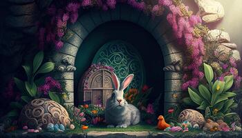 Easter holiday background. Easter eggs illustration backdrop with copy space. photo