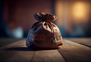 rag bag on a wooden table. money bag. photo