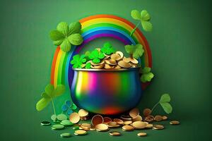 Green background with pot of gold coins, rainbow and clover leaves. photo
