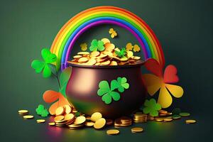 Green background with pot of gold coins, rainbow and clover leaves. photo