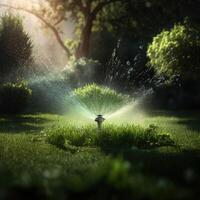 Sprinkler in Park Spraying Water on Lush Green Grass. Illustration AI Generative photo