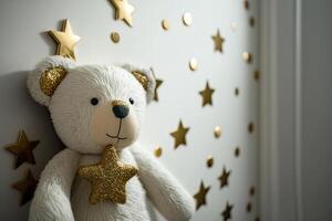 blanco pared con oro estrellas pegatinas y osito de peluche oso en el interior. ilustración ai generativo foto