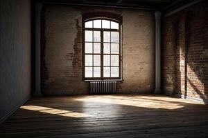 An empty room with a large loft-style window. Illustration photo