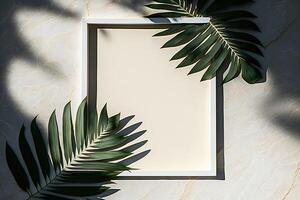 A minimalist white thin line makes a decorated square frame with palm leaves. Illustration photo