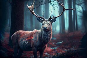 wounded deer in the forest. dark atmosphere. photo