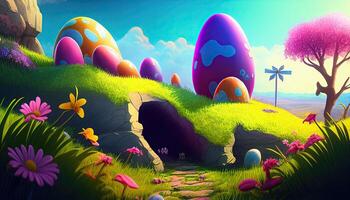 Easter holiday background. Easter eggs illustration backdrop with copy space. photo