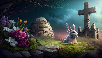 Easter holiday background. Easter eggs illustration backdrop with copy space. photo