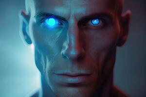 Bold man portrait with blue lights in eyes closeup, AI integrated in brain, design photo