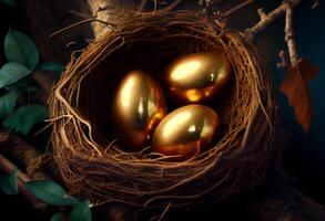 dorado huevos en un pájaro nido en un árbol. ai generado foto