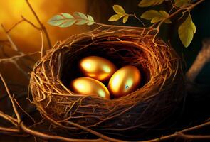 golden eggs in a bird nest on a tree. photo