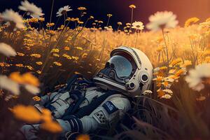 astronauta mentiras en un campo en naturaleza, cosmonauta es descansando en flores, frío generativo ai diseño foto