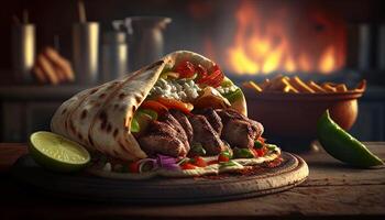 sabroso doner brocheta shawarma rodar envolver ilustración. generativo ai comida foto