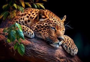 un dormido leopardo mentiras en un árbol rama en el sabana. depredador en África. ai generado foto