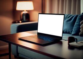 laptop on a table with a white screen. computer in the apartment. photo