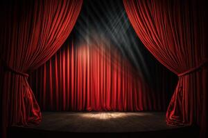 Magic theater stage red curtains Show Spotlight. Illustration AI Generative photo