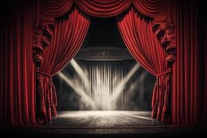 Magic theater stage red curtains Show Spotlight. Illustration photo