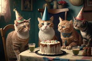 cat in birthday caps sit at party. Illustration photo