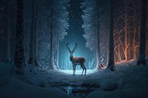 Magic winter forest with deer and lights. Illustration photo