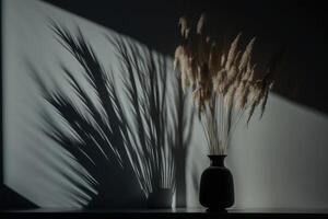 Dry pampas grass reed in a stylish vase. Shadows on the background. Illustration photo