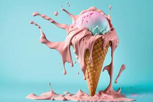 Pink ice cream melting and spilling from the waffle cone. Illustration photo