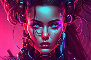 Purple portrait of female cyborg with cyber parts of face, photo