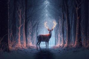 Magic winter forest with deer and lights. Illustration photo