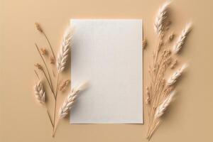 White paper empty blank dried grass decoration on beige. Illustration photo